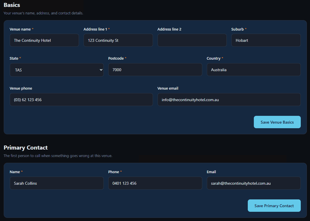 Venue Setup showing contacts and venue details form